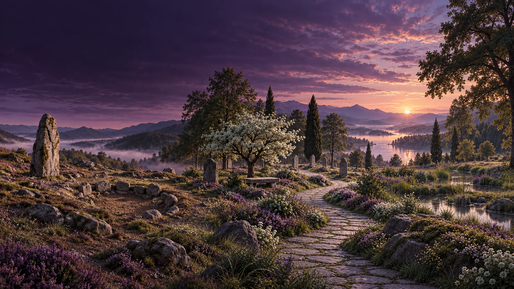 Eine symbolische Landschaft zwischen frühen Spuren, Erinnerungsorten und ferner Zukunft.