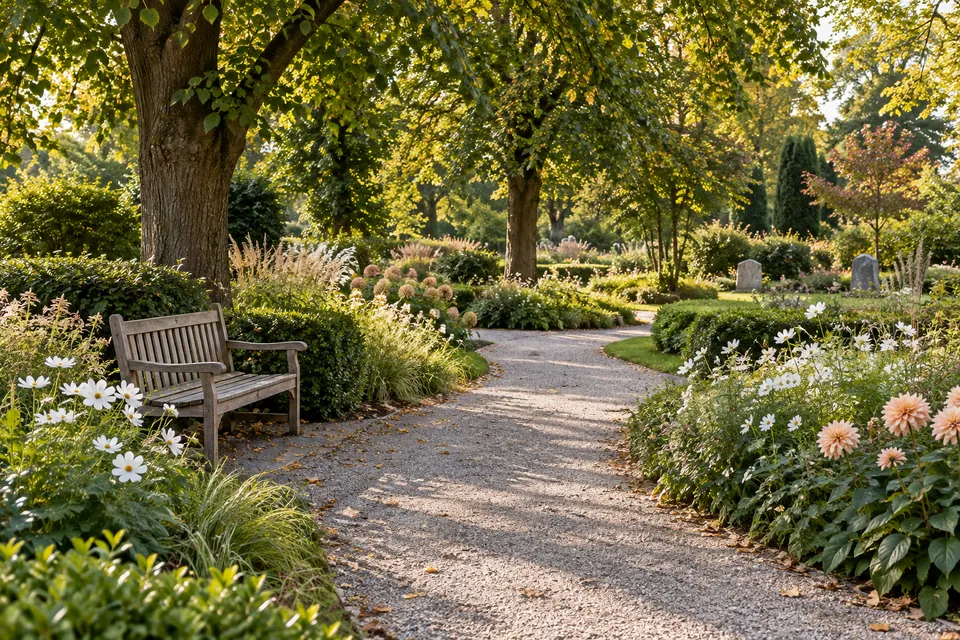 KI-generierter fiktiver Erinnerungsgarten mit Lindenbäumen, Blumen und einem hellen Weg.